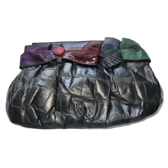 80's Black Samir🦎 Leather Reptile Patchwork Clutch Handbag🌵 - Picture 1 of 6